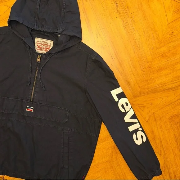 Levis Denim Pullover Hoodie Jacket Men’s Size XL Navy Y2K 1/2 Zip Logo Sleeves - Picture 7 of 15